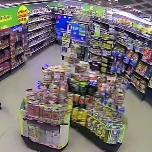 Prompt: cctv footage of large snake in walmart, high angle security camera feed, blurry and glitchy,