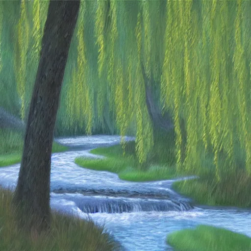 Prompt: oil painting of a babbling brook with willow trees surrounding it, photorealistic, 8k