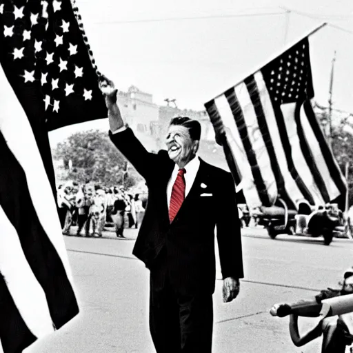 Prompt: ronald reagan at a pride parade, highly detailed realistic photograph