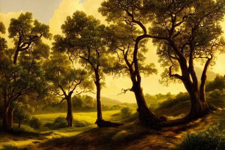 Prompt: masterpiece painting of oak trees on a hillside overlooking a creek, dramatic lighting, by a. y. jackson