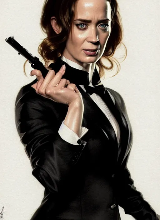 Prompt: portrait of emily blunt with snake eyes as business woman, black suit, white shirt, black tie, intricate, headshot, highly detailed, digital painting, artstation, concept art, sharp focus, cinematic lighting, illustration, art by artgerm and greg rutkowski, alphonse mucha, cgsociety