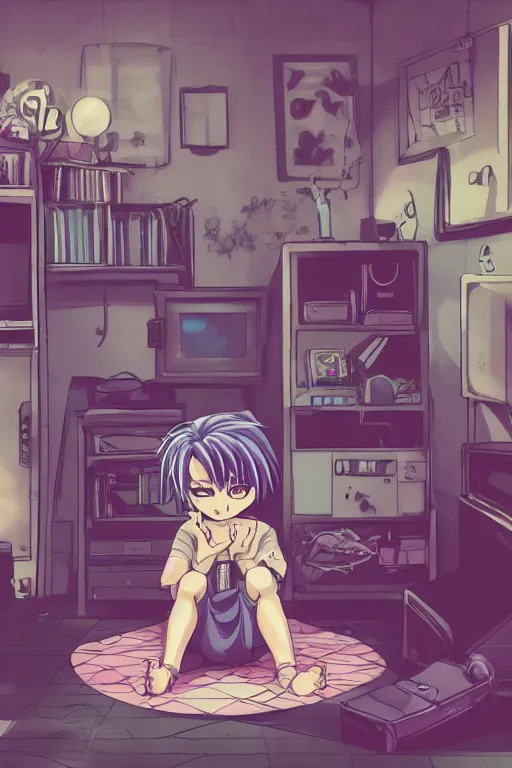 Image similar to goth chibi anime goth guy sitting on the floor of a cluttered 9 0 s bedroom, vaporwave colors, lo - fi, concept art, smooth, detailed, toon shading, cel shading, animation, 4 k, hd,