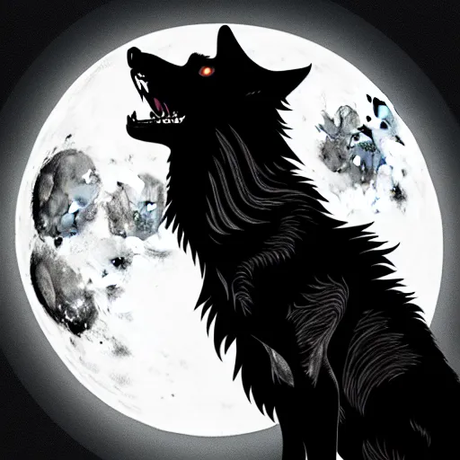 Image similar to werewolf howling at the full moon, side angle, artstation, highly detailed, intricate, black and white