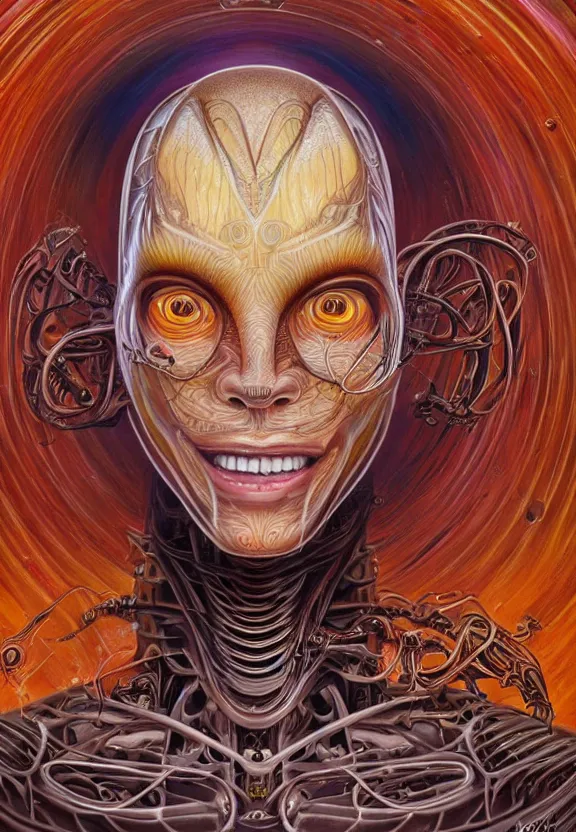 Prompt: perfectly centered portrait front view of a beautiful biomechanical alien robot, flowing hair, intense stare, sweet smile, symmetrical, concept art, intricate detail, volumetric shadows and lighting, realistic oil painting by alex grey,