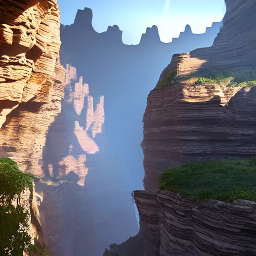 Prompt: pathway canyon in between mountains, unreal engine, high detail, realism, award winning, mist, detailed lighting