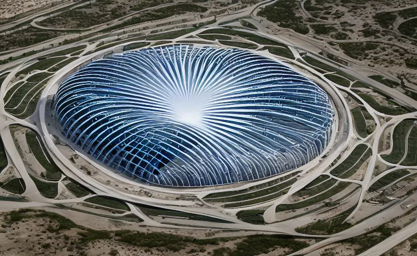 Prompt: parametric structure, medical complex, in the desert beside the gulf, view from above, design by mad architect, dezeen, architectural photography