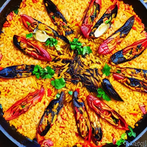 Prompt: a big paella valenciana, around the paella there are six smiling people, four mens and two women