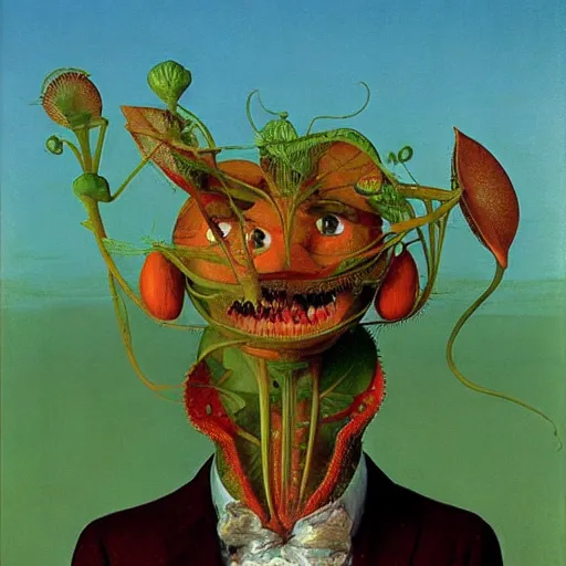 Image similar to Portrait of a Venus Flytrap Gentleman Venus Flytrap disguised as a human standing atop a red clay pot octavio ocampo jacek yerka winslow homer norman rockwell inio asano noctograph