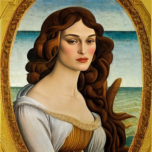 Image similar to Portrait of Keira Knightley as Venus in the painting The Birth of Venus, by the Italian artist Sandro Botticelli, Tempera on canvas