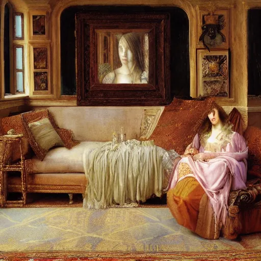 Prompt: a renaissance oil painting by Alma Tadema of a ghost inside an intricately decorated living room, pastel color scheme, digital painting, high detail