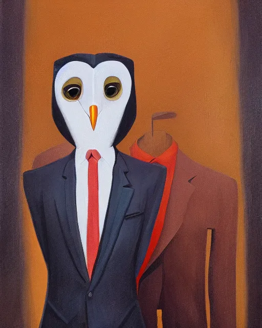 Prompt: a man with wearing a suit with a face of a barn owl by genndy tartakovsky and cory loftis, trending on artsation, detailed, oil on canvas