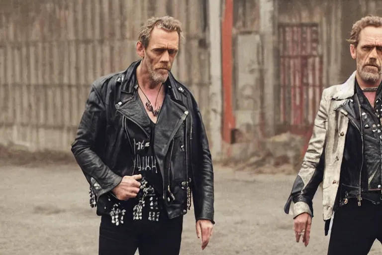 Prompt: promotional image of hugh laurie as a british punk rocker in a new movie, leather clothes, heavy makeup, detailed face, movie still frame, promotional image, imax 70 mm footage