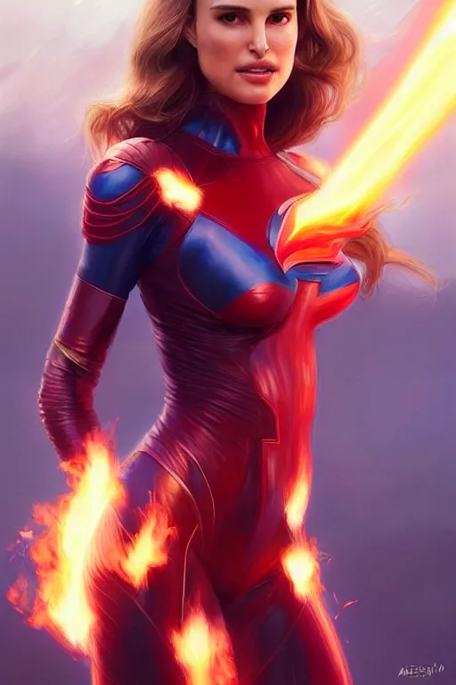 Prompt: hyper - realistic, gorgeous!!! woman resembling natalie portman as a superhero with fire powers, flying over a city | intricate, highly detailed, digital painting, artstaion, smooth, sharp focus, character desgin, concept art, illustration | art by artgerm & jeehyung lee & wlop