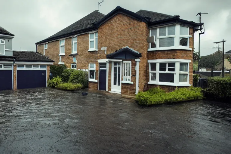 Prompt: cyberpunk, an estate agent listing photo, external view of a 5 bedroom detached city house in the UK, it's raining, car on the driveway, by Paul Lehr, highly detailed, photorealistic, unreal engine, 8k, anamorphic, cinestill cinematrography
