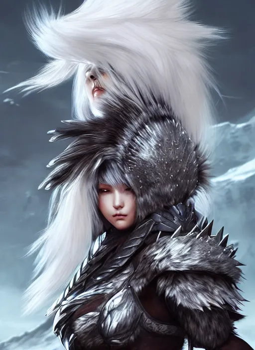 Image similar to warrior, fur - lined wolf armor!!! gorgeous and elegant white hair female!! monster hunter!! character concept art, sharp focus, octane render! unreal engine 5! highly rendered!! trending on artstation!! detailed linework!! illustration by artgerm, wlop, and chie yoshii