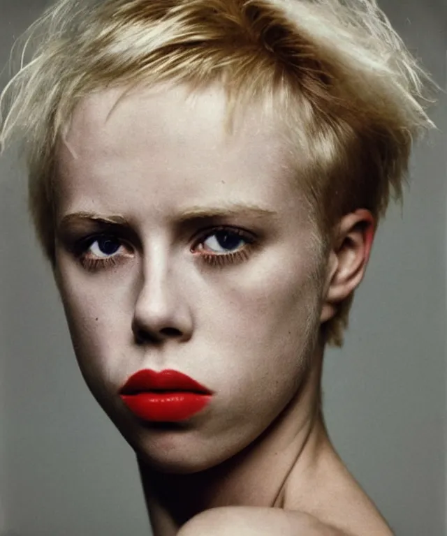 Image similar to a color photograph of edie campbell, bleached blonde short hair, by robert mapplethorpe, intense, bold, hyperrealistic, ultra sharp, extra details, ultra high quality, trending on pinteresst