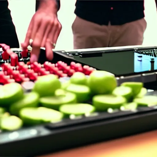 Image similar to film still of fresh produce making beats on an mpc