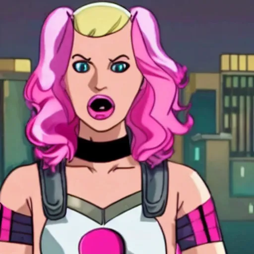 Image similar to A still of Gwenpool in Deadpool 3 (2023), blonde hair with pink highlights, no mask, white and light-pink outfit, smiling and winking at the camera, comics accurate design