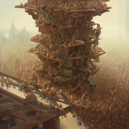 Image similar to hundreds of humans climbing on each other creating incredible surrealistic structures, highly detailed, digital painting, matte, sharp focus, art by wlop, greg rutkowski, alphonse mucha, frank frzetta, boris vallejo, bouguereau, beksinski, cinematic, octane render