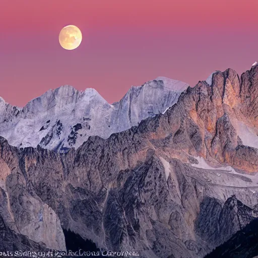 Image similar to a bloom moon over the alps at sunset in the summer