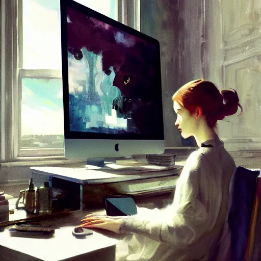 Prompt: apple imac monitor, woman using computer, vogue magazine, interior design, greg rutkowski, john singer sargent, anime, trending on artstation, intricate