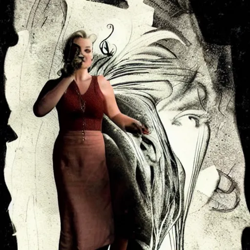 Image similar to Margot Robbie is the fat grandma haunting my dreams, by Dave McKean