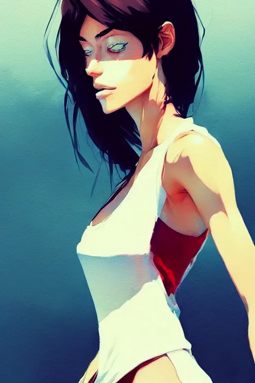 Image similar to a ultradetailed beautiful painting of a stylish woman with a white tank top, by conrad roset, greg rutkowski and makoto shinkai trending on artstation