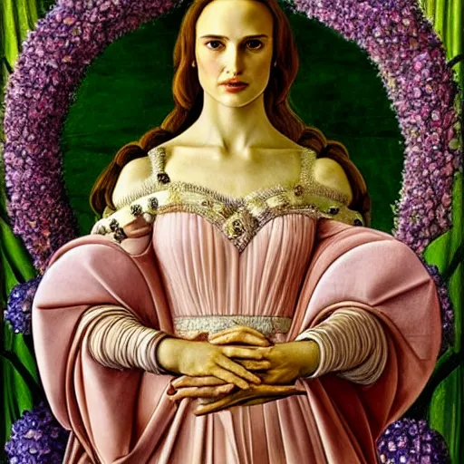 Prompt: natalie portman as the goddess of spring, elegant portrait by sandro botticelli, detailed, symmetrical, intricate