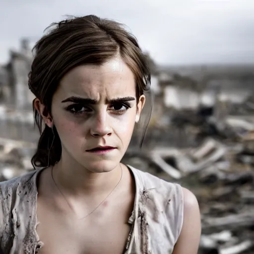Image similar to concerned and tired emma watson in the ruins of civilization after the apocalypse, shredded and ruined dirty clothes, hd photo, high detail, shallow depth of field, face focus