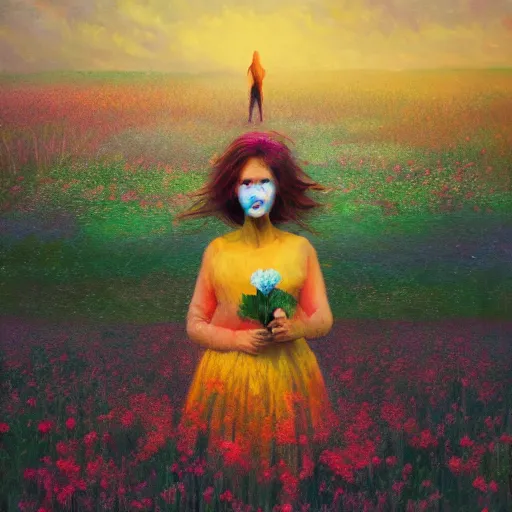 Prompt: girl with an blooming flower for a face, surreal photography, dream, standing in flower field, magical, in a valley, sunrise dramatic light, impressionist painting, colorful clouds, artstation, simon stalenhag, exploding flower face