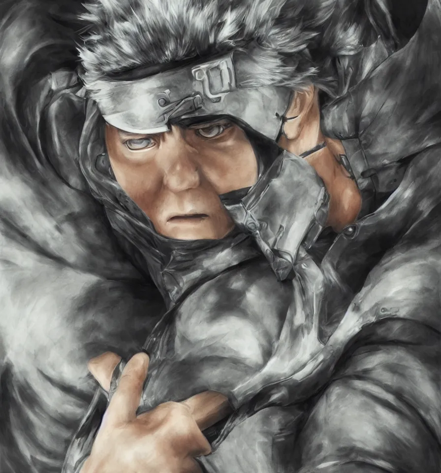 Image similar to hyper-realistic splashart illustration of kakashi hatake drawn by dao trong le