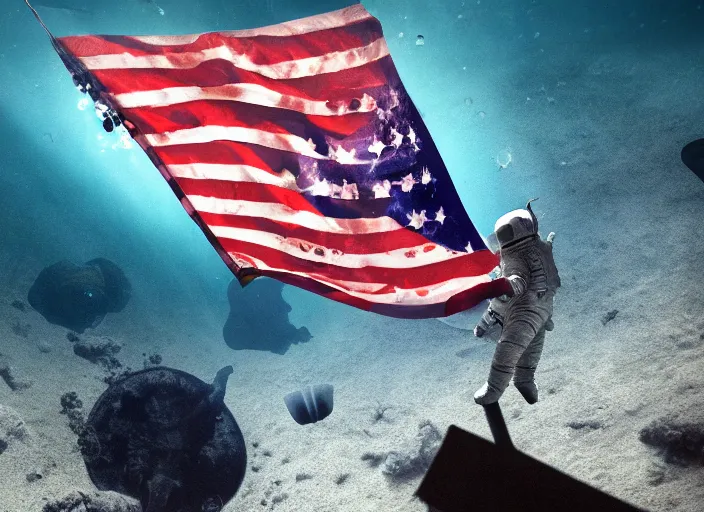 Image similar to astronaut underwater putting a flag in the sand of the bottom of the ocean. there is a submarine that looks like a rocket in the distance. dark, concept art, cinematic, dramatic, atmospheric, 8 k, trending on artstation, low visibility, zack snyder