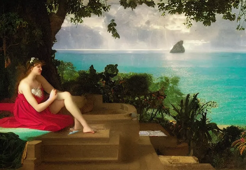 Prompt: Girl playing the palace piano, refracted sparkles, thunderstorm, greek pool, beach and Tropical vegetation on the background major arcana sky, by paul delaroche, hyperrealistic 4k uhd, award-winning, very very very detailed