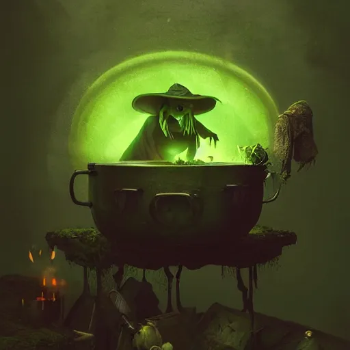 Image similar to a scary witch making green glowing soup from a cauldron, Matte painting , detailed painting, made by Greg Rutkowski, 4k, atmospheric