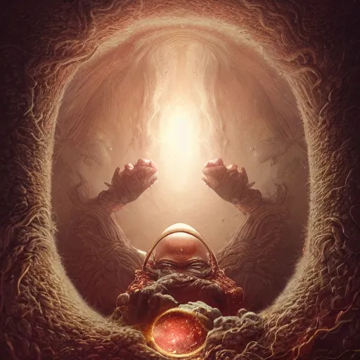 Image similar to by artgerm and agostino arrivabene, visually stunning, cinematic, ultra realistic, hyper realism, epic, octane render, unreal engine, vfx, maya, alien space knight, old guide of multidimensional portal, fungal enchanter, murloc tinyfin, dread infernal, wee whelp, battle ram