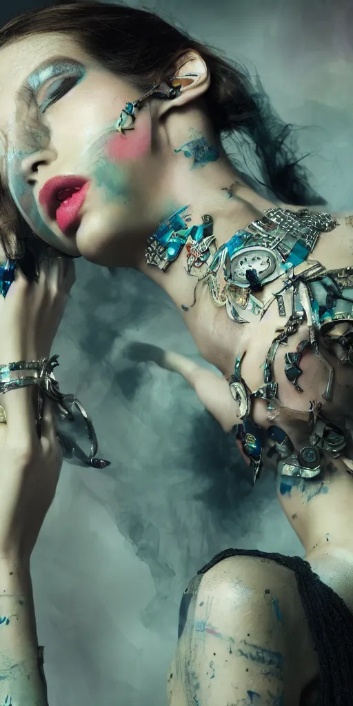 Image similar to hyperrealistic futuristic high fashion photography, girl in studio, full body, vogue magazine, nomad masterpiece, nano parts, neon lights, smoke, eerie music, beautiful intricate face and flawless skin, tribal jewelry, tattoos, perfect hands, head piece, by Edgar Maxence and Ross Tran and Michael Whelan, 8k, octane render