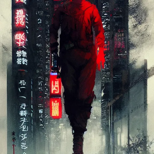 Image similar to a beautiful ukiyo painting of full body cyberpunk blade runner, dramatic pose, wearing japanese techwear, detailed symmetrical, intricate complexity, concept art, by ismail inceoglu dragan bibin hans thoma greg rutkowski alexandros pyromallis nekro rene maritte illustrated, perfect face, fine details, realistic shaded, fine - face, pretty face