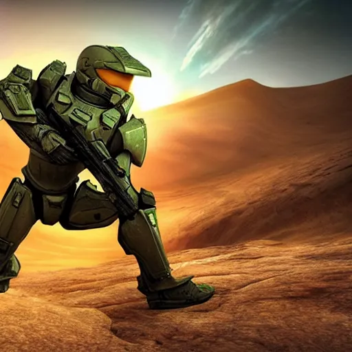 Prompt: master chief on a desert planet. epic image. action pose. explosions. sunrise