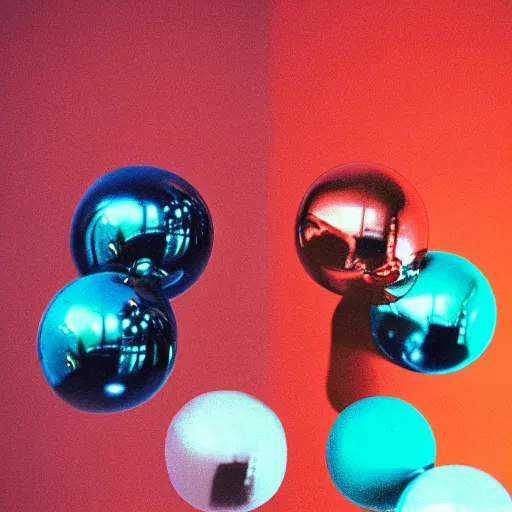 Prompt: chrome spheres on a red cube, cinestill 800t photograph