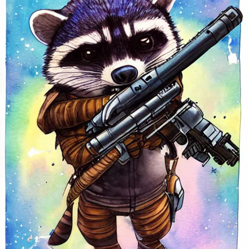 Image similar to racoon holding a laser gun, guardians of the galaxy style, centered award winning watercolor pen drawing, by caroline choi, edited by range murata