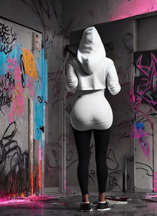 Image similar to kim kardashian doing graffiti mural in a derelict room, dust mist, rear-shot, pov from behind, very tight white leggings with a pink hoody with hood up, mold, intricate, epic lighting, cinematic composition, hyper realistic, 8k resolution, unreal engine 5