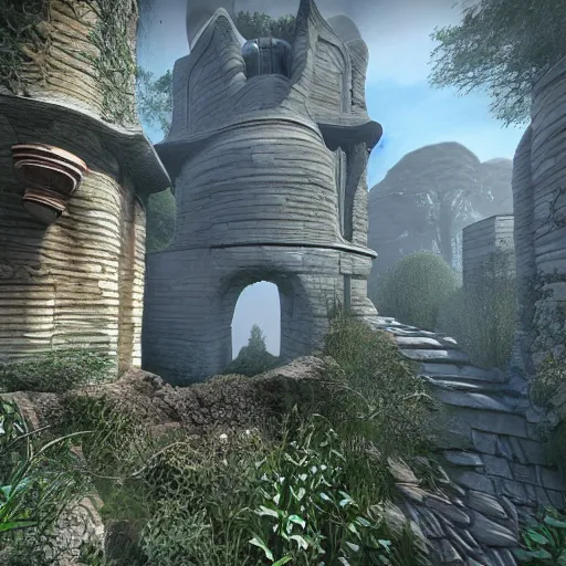 Image similar to myst - like puzzle buildings highly detailed photography