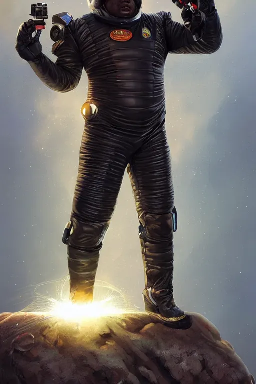 Prompt: portrait of a black man as baron harkonnen wearing leather spacesuit, standing on rocky outcrop and firing a retro laser pistol, detailed, nebula space background, illustration by normal rockwell, artstation character art, adebanji alade, concept art, greg rutkowski, artgerm