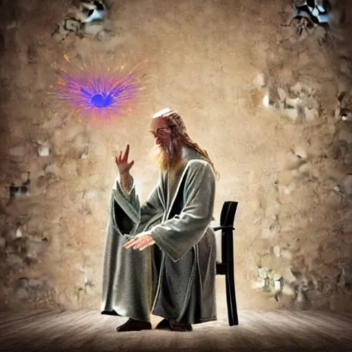 Image similar to wizard with a robe using telekinesis on a chair, realistic digital art, magical, award winning