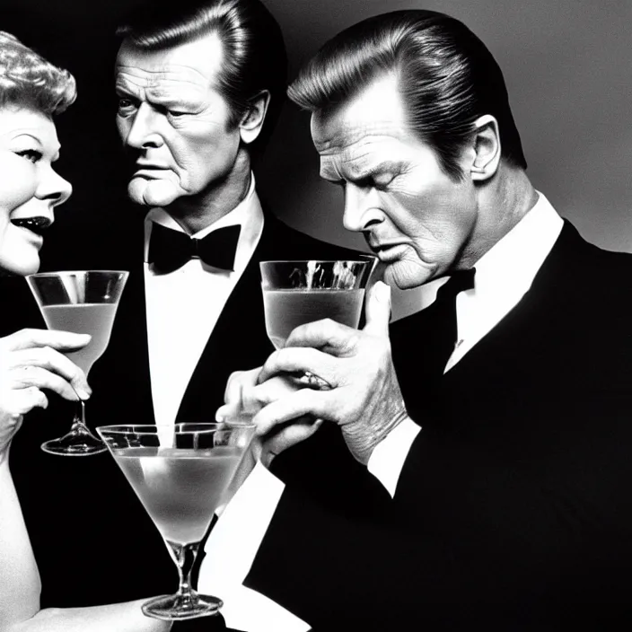 Image similar to hyper realistic, high detail photo of roger moore as james bond drinking martini with judy dench, beautiful, dreary lighting