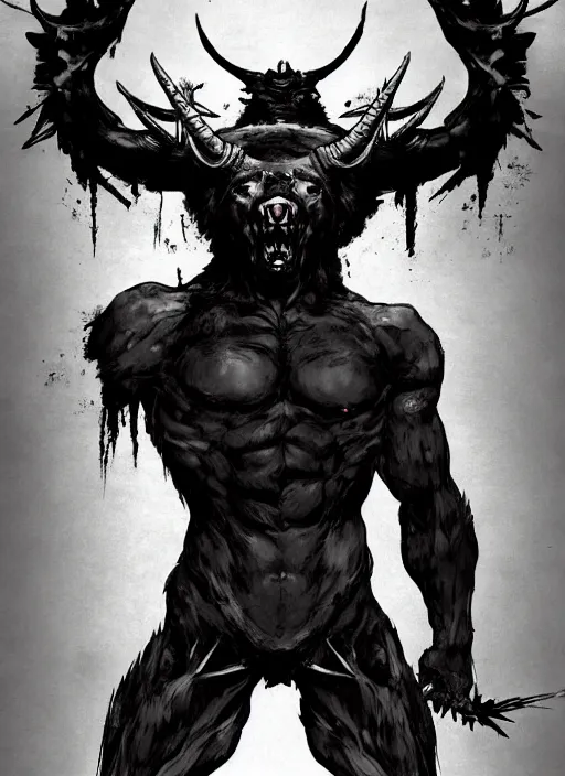 Image similar to Full body portrait of horned bear spirit with sharp claws. In style of Yoji Shinkawa and Hyung-tae Kim, trending on ArtStation, dark fantasy, great composition, concept art, highly detailed.