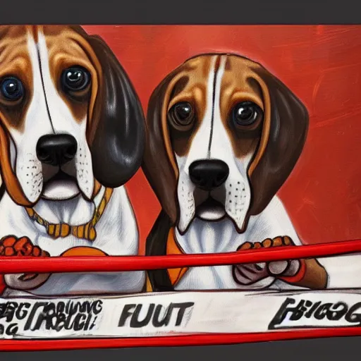 Image similar to two beagle hound dogs boxing with fists, inside a boxing ring hd, realism, hyper detail, intricate detail, 4 k