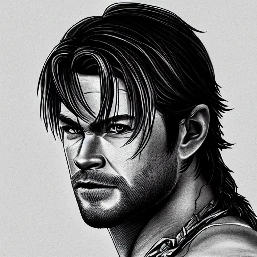 Image similar to Chris Hemsworth in an anime portrait style, intricate, detailed, photorealistic, trending on artstation, studio lighting, 4k, 8k