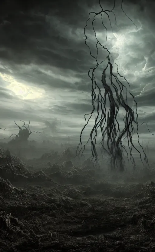 Image similar to the tendrils of a dormant god extending up into the sky, volumetric lighting, unreal engine 5, harrowing apocalyptic atmosphere, photorealistic, unnerving, hyperdetailed 3d matte painting, hyperrealism, hyperrealistic, cinematic masterpiece, fantasy horror style 8k ultrahd octane render