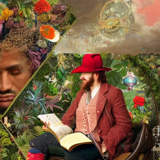 Prompt: HD 8x hyperdetailed collage portrait of a man with a maximalist hat made of plants, reading a book to a child. flamish baroque solarpunk elements. matte background.